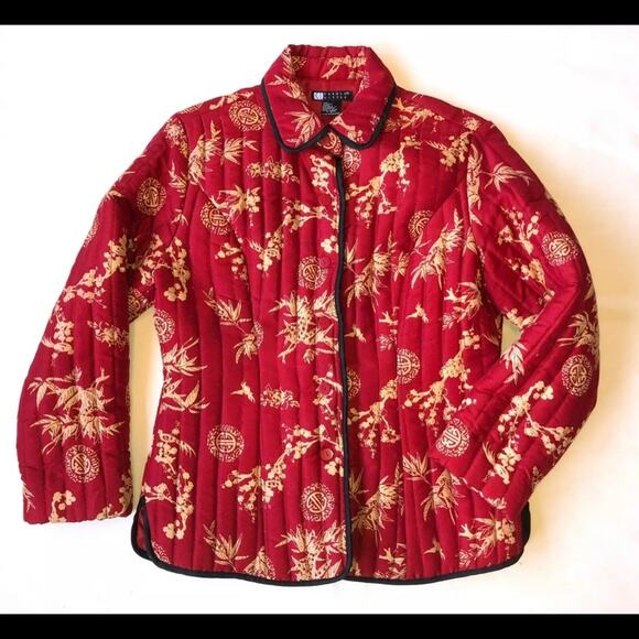 Carole Little S Asian Motif Red Silk Quilted Lightweight Button-Front Jacket - Picture 1 of 9